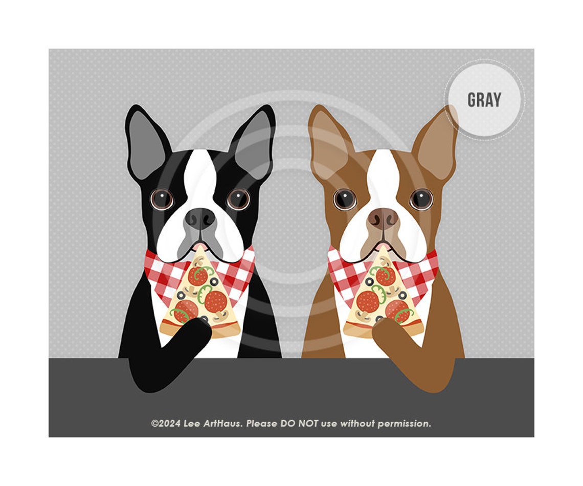 Two Boston Terriers Eating Pizza With Checkered Bibs Dog Art Poster - Image 8