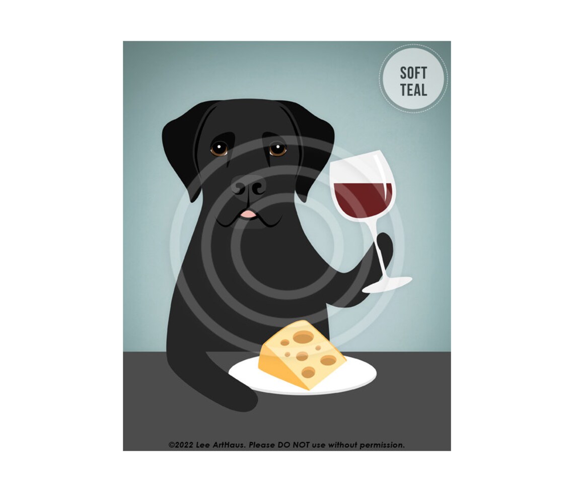 Black Labrador Drinking Wine And Eating Cheese Funny Dog Art Poster - Image 4