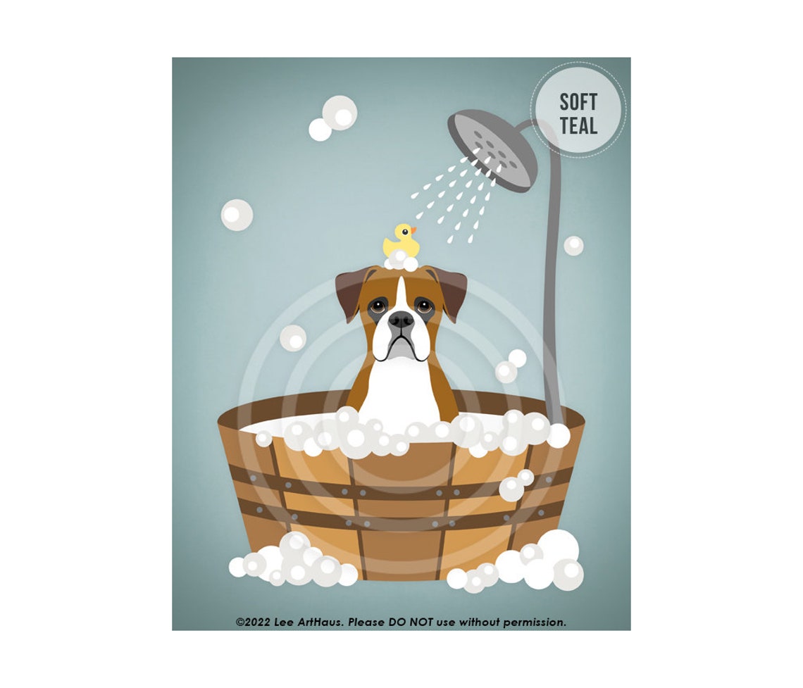 Brown Boxer Dog Bubble Bath Wooden Tub Cute Bathroom Decor Wall Poster - Image 4