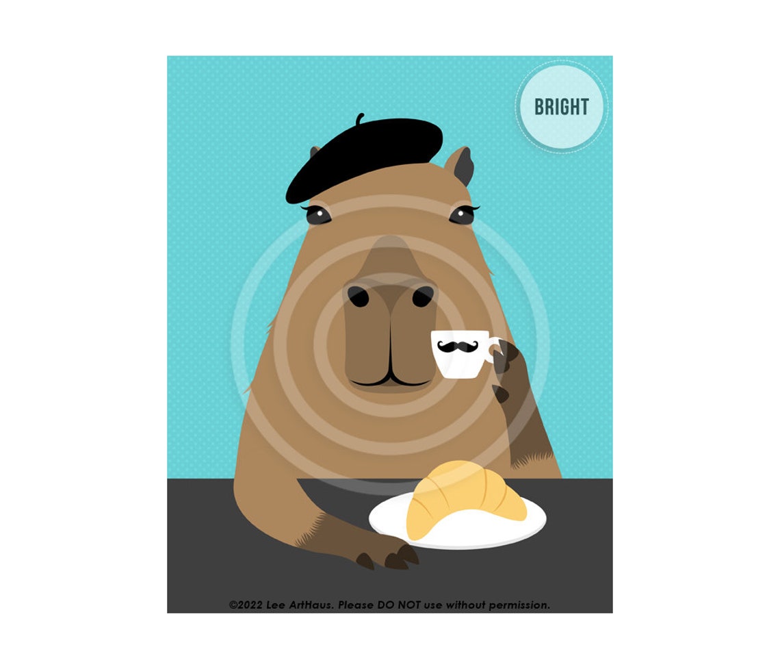 Capybara in Beret Drinking Coffee With Croissant Parisian Poster