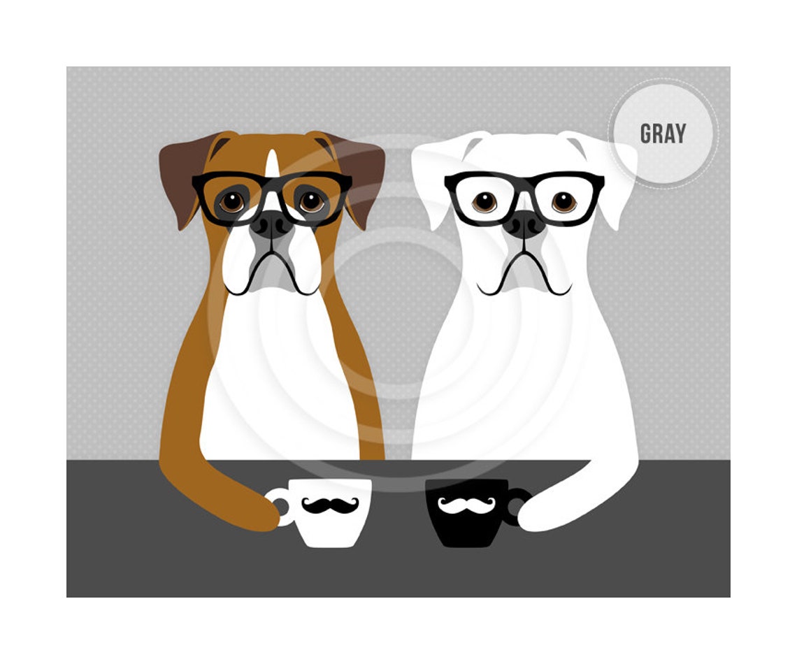 Two Hipster Boxer Dogs With Glasses Drinking Coffee Mugs Poster