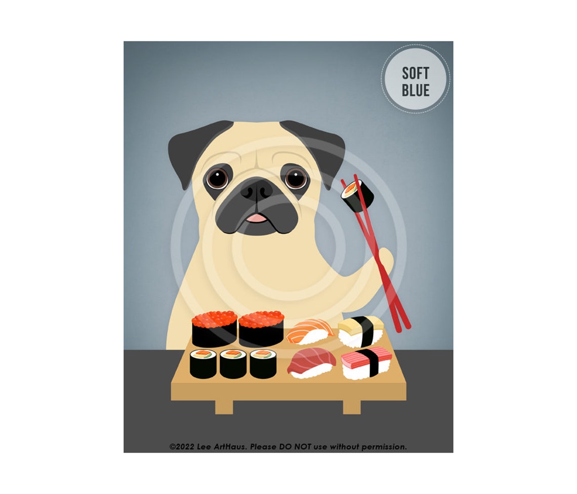 Fawn Pug Eating Sushi With Red Chopsticks Funny Dog Art Poster - Image 2
