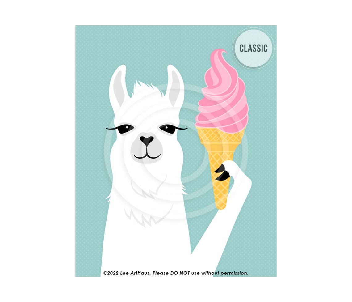 White Llama Holding Pink Ice Cream Cone Funny Animal Wall Art Poster - Image 4