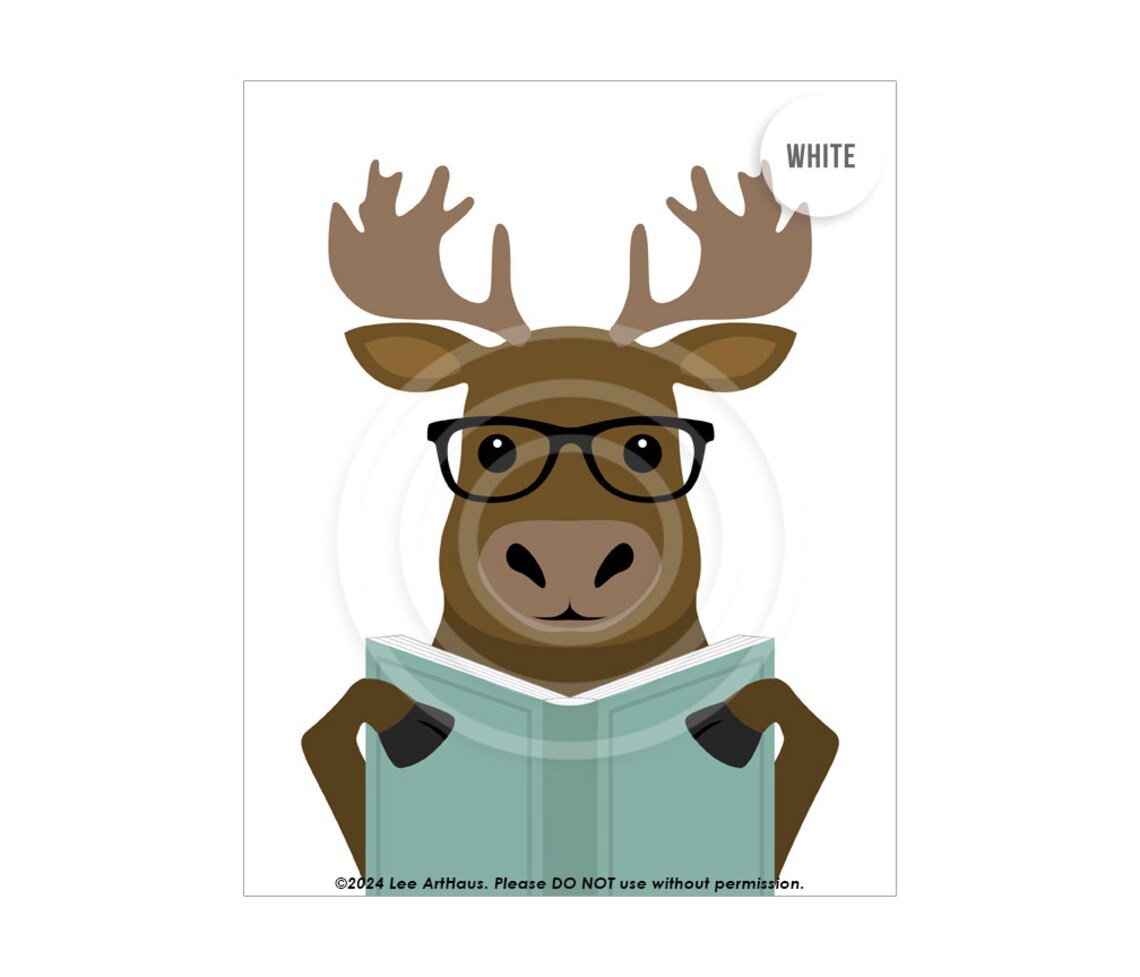 Cute Moose Reading Book With Glasses Aqua Woodland Animal Kids Room Poster - Image 2