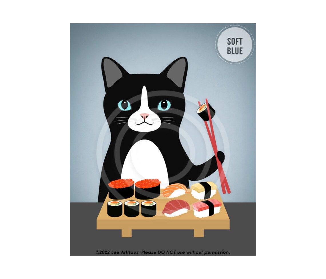 Black And White Cat Eating Sushi Platter Funny Cat Food Wall Art Poster - Image 2