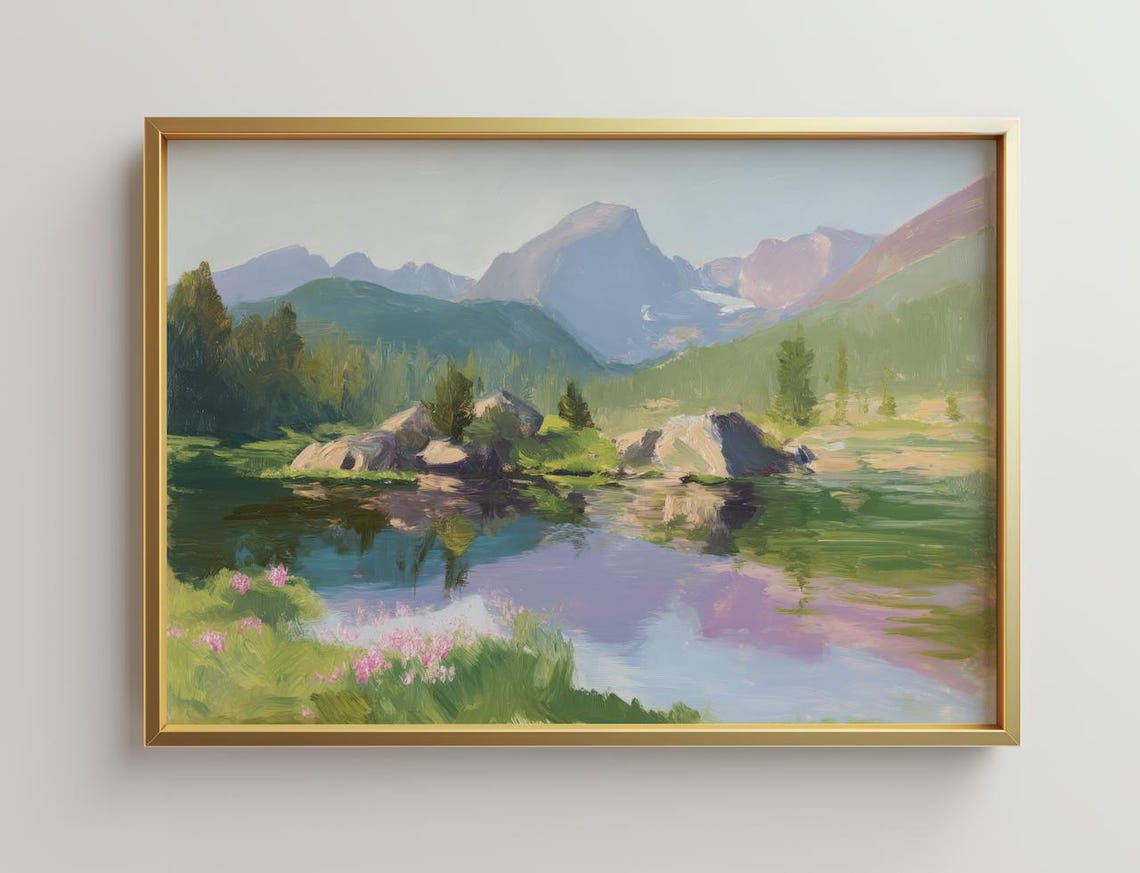 Mountain Lake Pine Reflection Rocky Landscape Oil Painting Poster