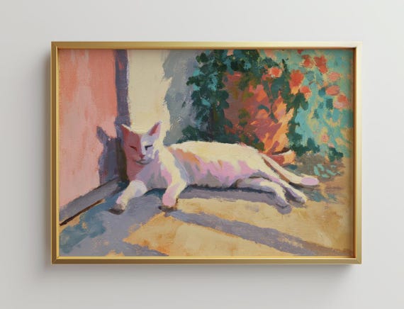 White Cat Sunbathing Impressionist Painting Pastel Cat Art Poster