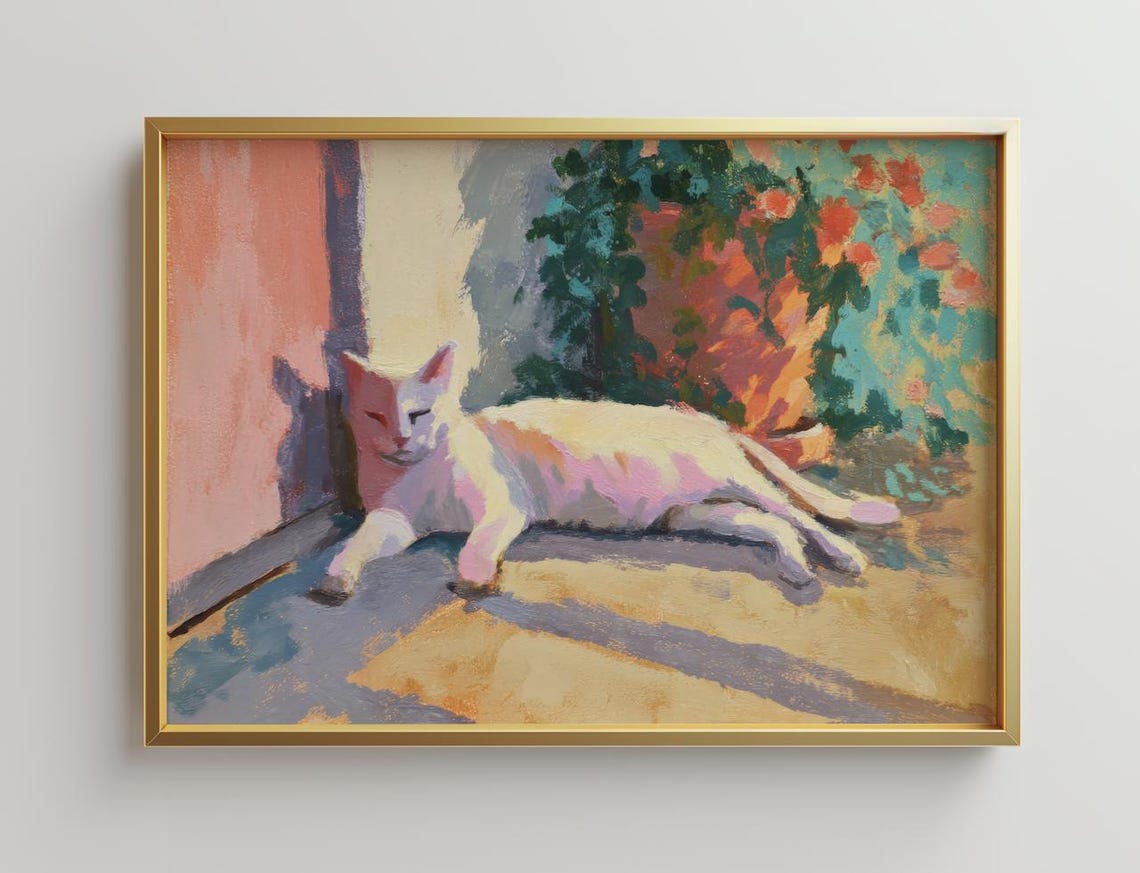 White Cat Sunbathing Impressionist Painting Pastel Cat Art Poster