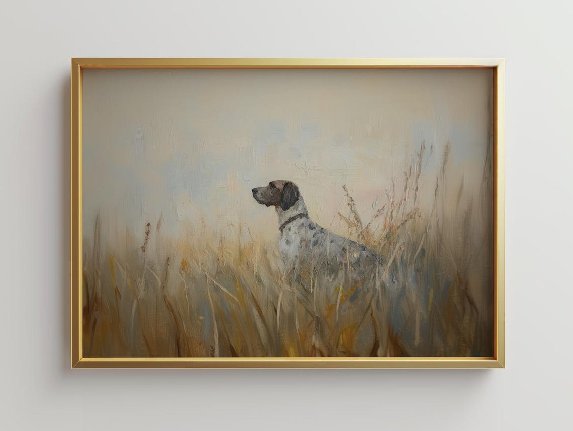 Short Haired Pointer Dog Golden Field Misty Landscape Art Poster