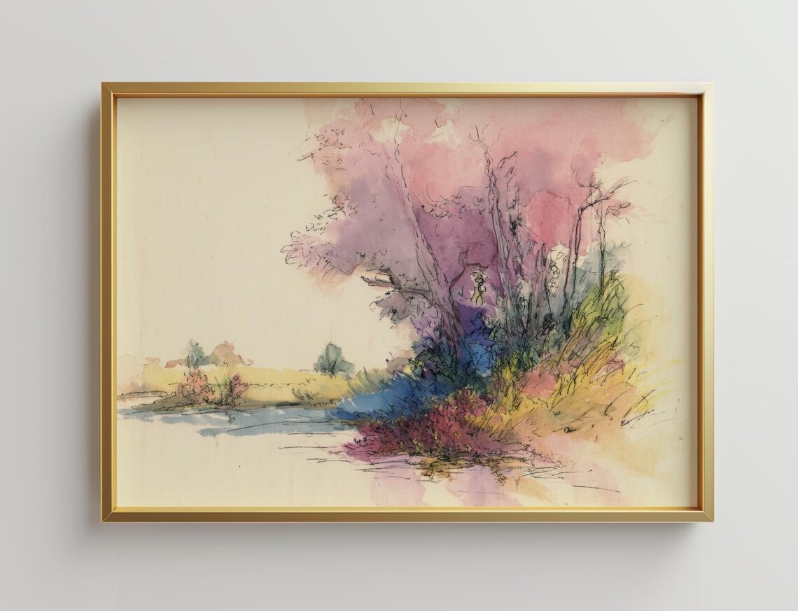 Pink Blossom Trees Pastel Watercolor Landscape Painting Poster