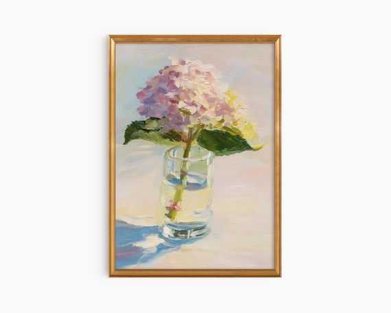 Pink Hydrangea in Glass Vase Impressionist Oil Flower Poster