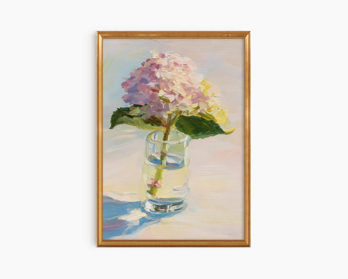 Pink Hydrangea in Glass Vase Impressionist Oil Flower Poster