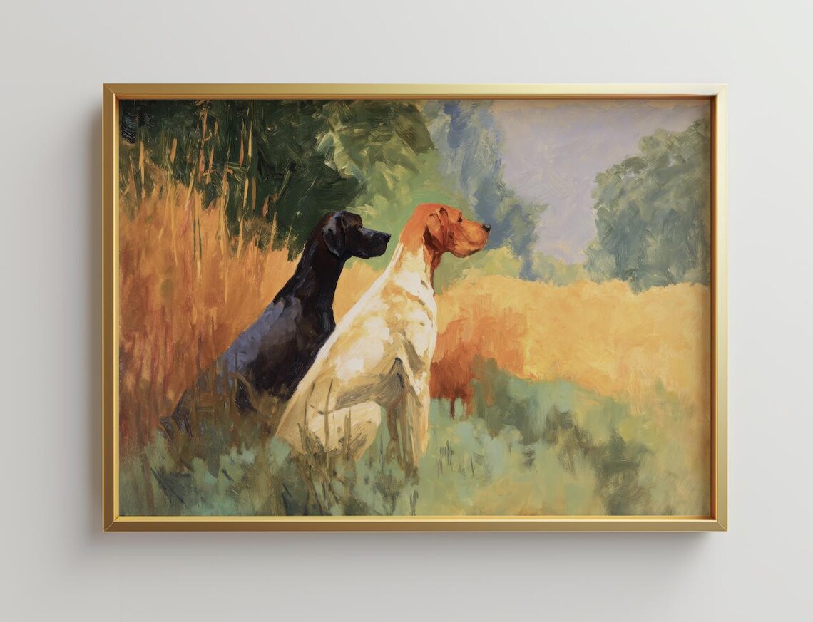 Pointer Hunting Dogs Golden Field Oil Painting Country Sporting Art Poster