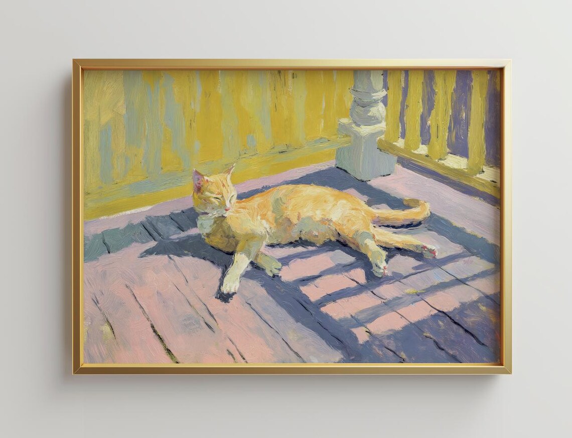 Orange Cat Lounging On Sunny Porch Pastel Oil Painting Animal Print