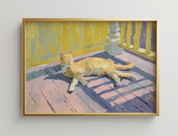 Orange Cat Lounging On Sunny Porch Pastel Oil Painting Animal Print