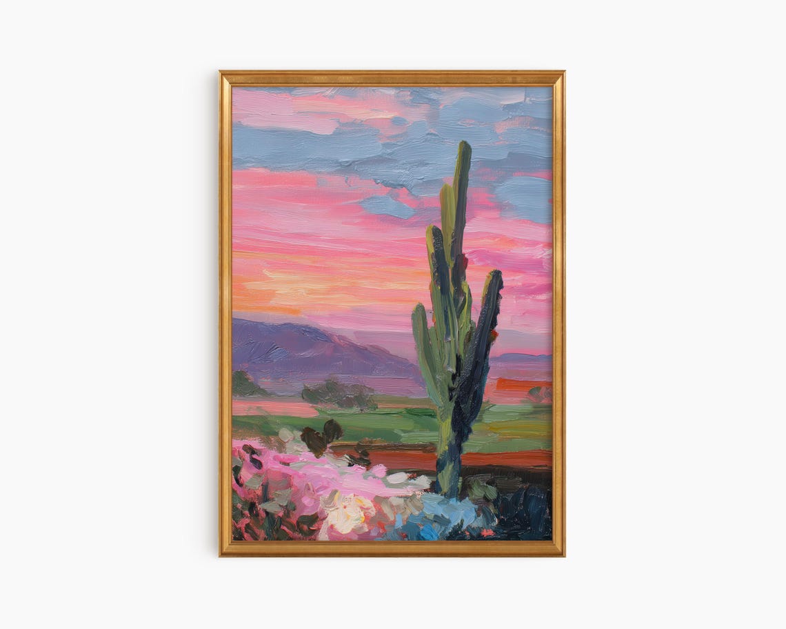 Saguaro Cactus Pink Sunset Desert Landscape Oil Painting Poster