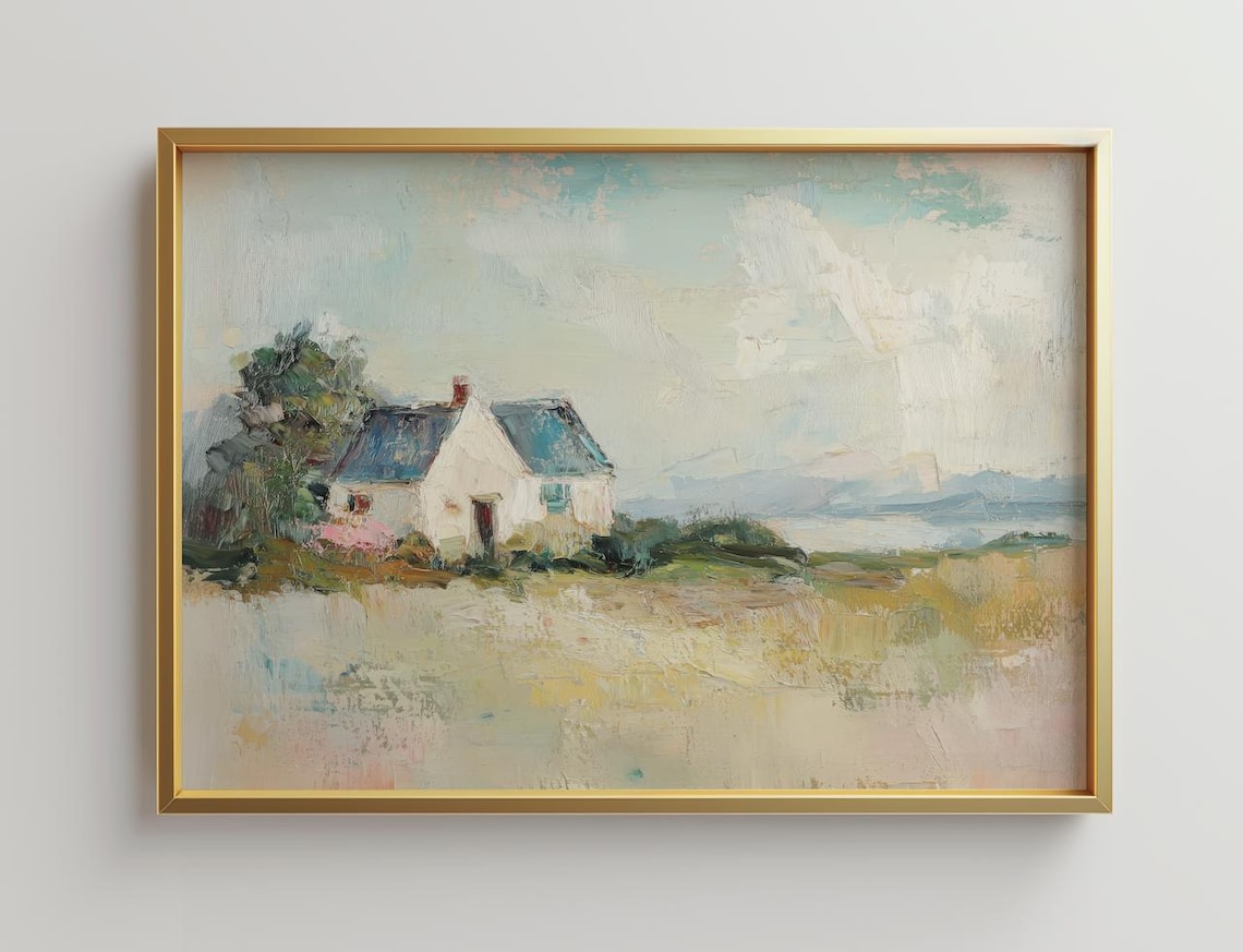 Farmhouse Landscape Art Print, Impasto Painting