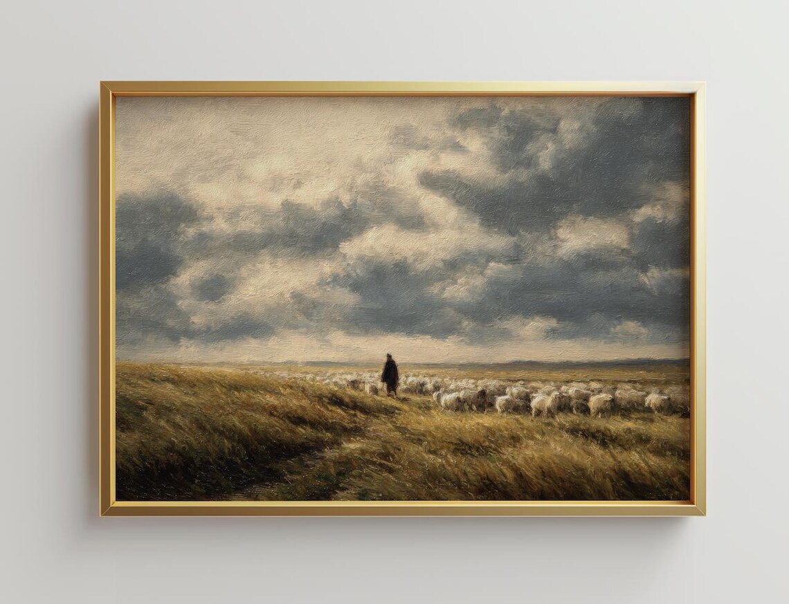 Shepherd and Sheep in Field, Neutral Tonal Art Print