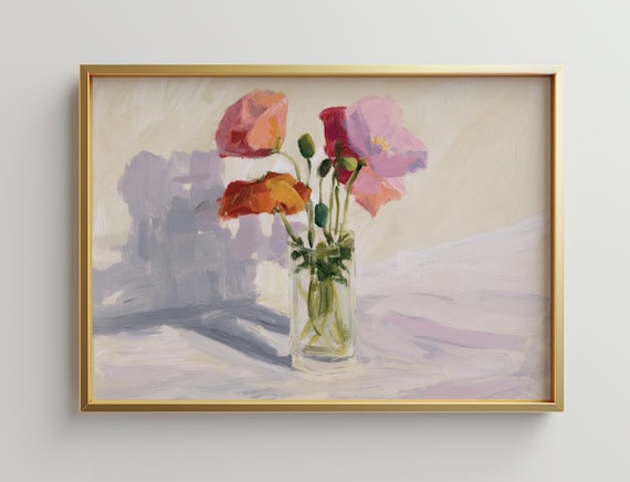 Pink Poppies Glass Vase Soft Light Impressionist Floral Painting Poster