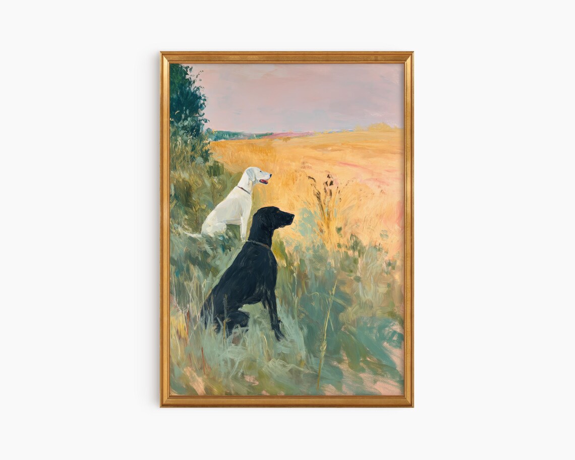 Hunting Dogs Print, Neutral Oil Painting Style