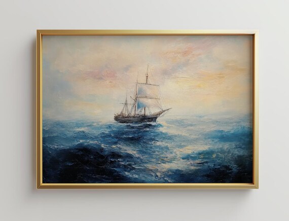 Tall Ship Sailing On Blue Ocean Vintage Nautical Seascape Poster