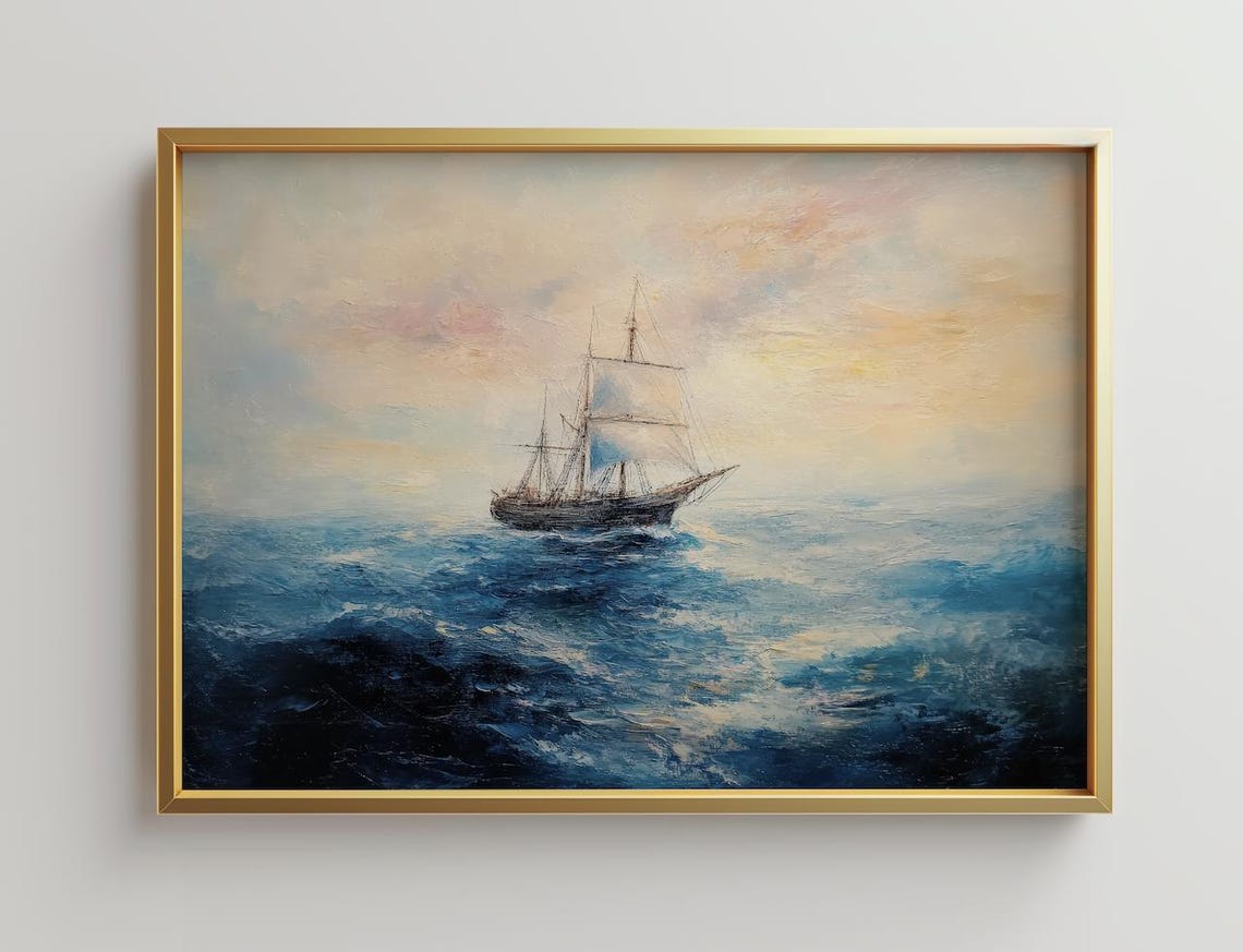 Tall Ship Sailing On Blue Ocean Vintage Nautical Seascape Poster