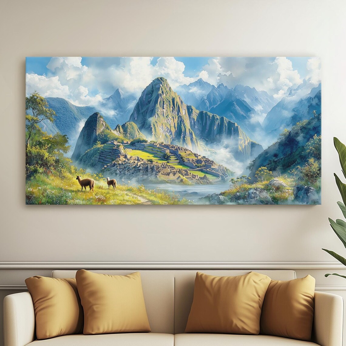 Machu Picchu Inca Ruins Watercolor Llamas Andes Mountains Print