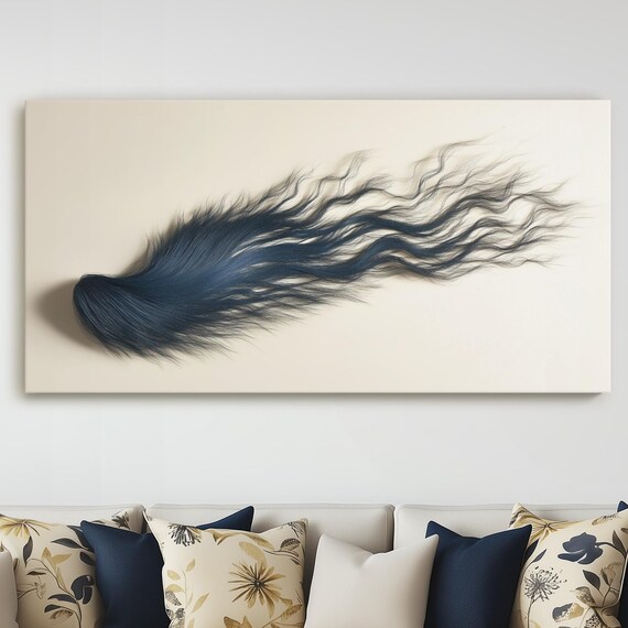 Minimalist Wave Abstract Art Deep Navy Flowing Hair Wall For Bedroom Or Living Room Simple Modern Canvas Design Fine Contemporary