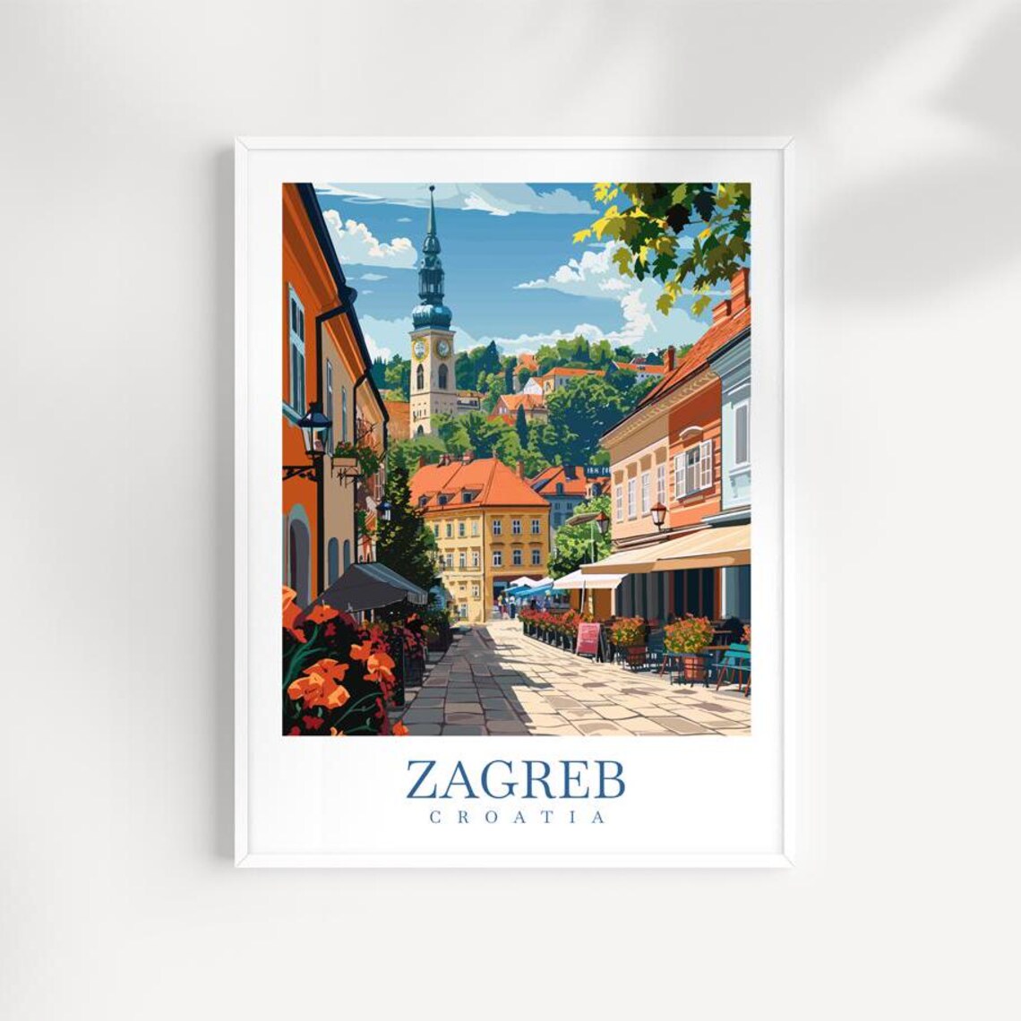 Zagreb Croatia Cobblestone Street With Historic Clock Tower Poster