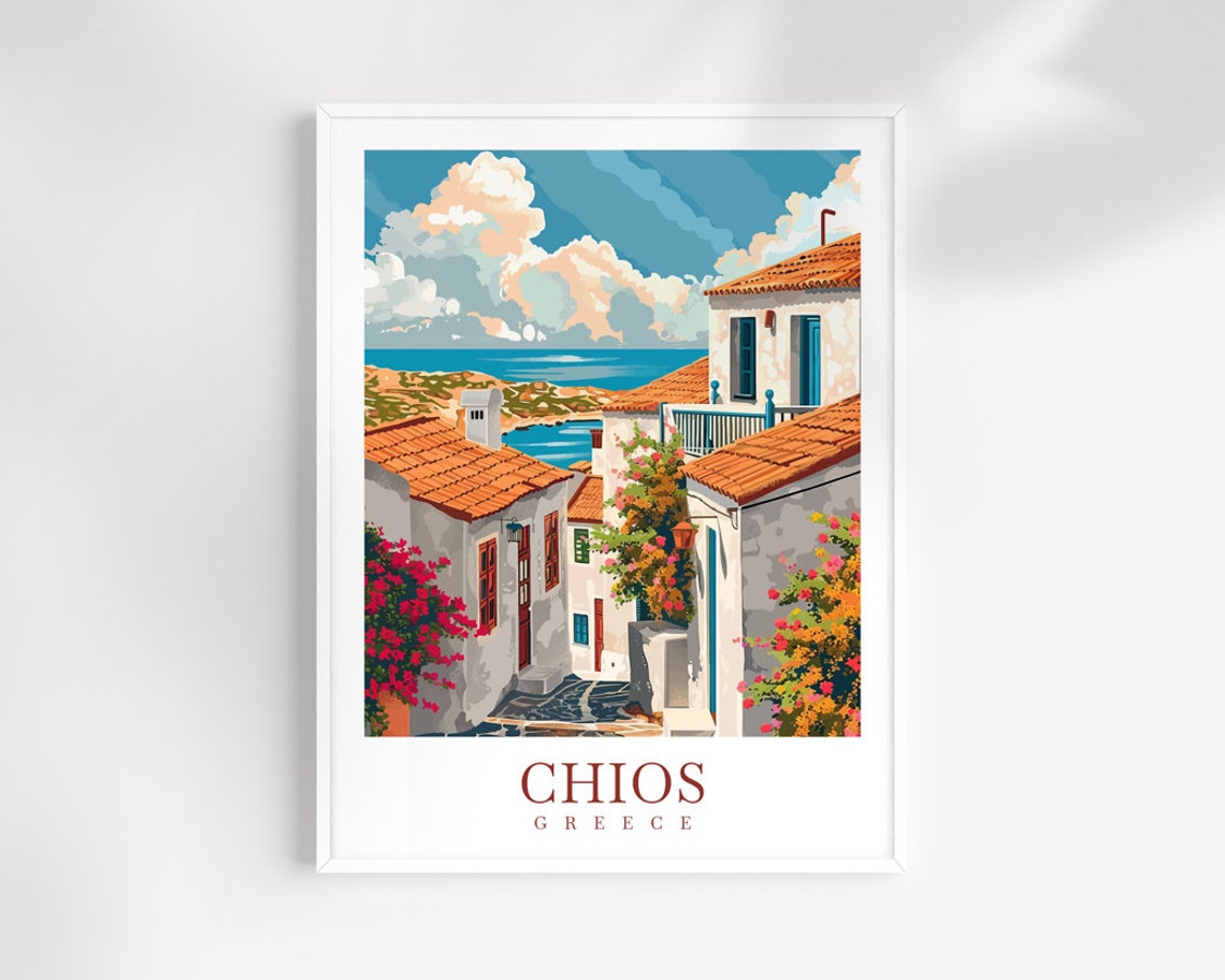 Chios Greece Whitewashed Alley Flowers Sea View Island Poster
