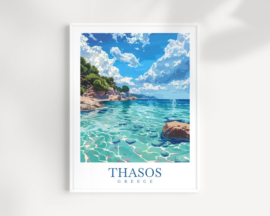 Thasos Greece Travel Poster - Crystal Clear Turquoise Cove Beach Scene