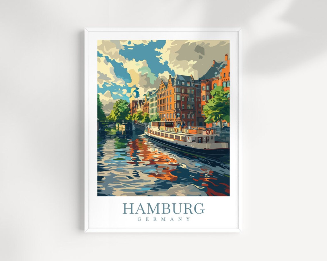 Hamburg Germany Vintage Canal Tour Boat Old Houses Art Poster