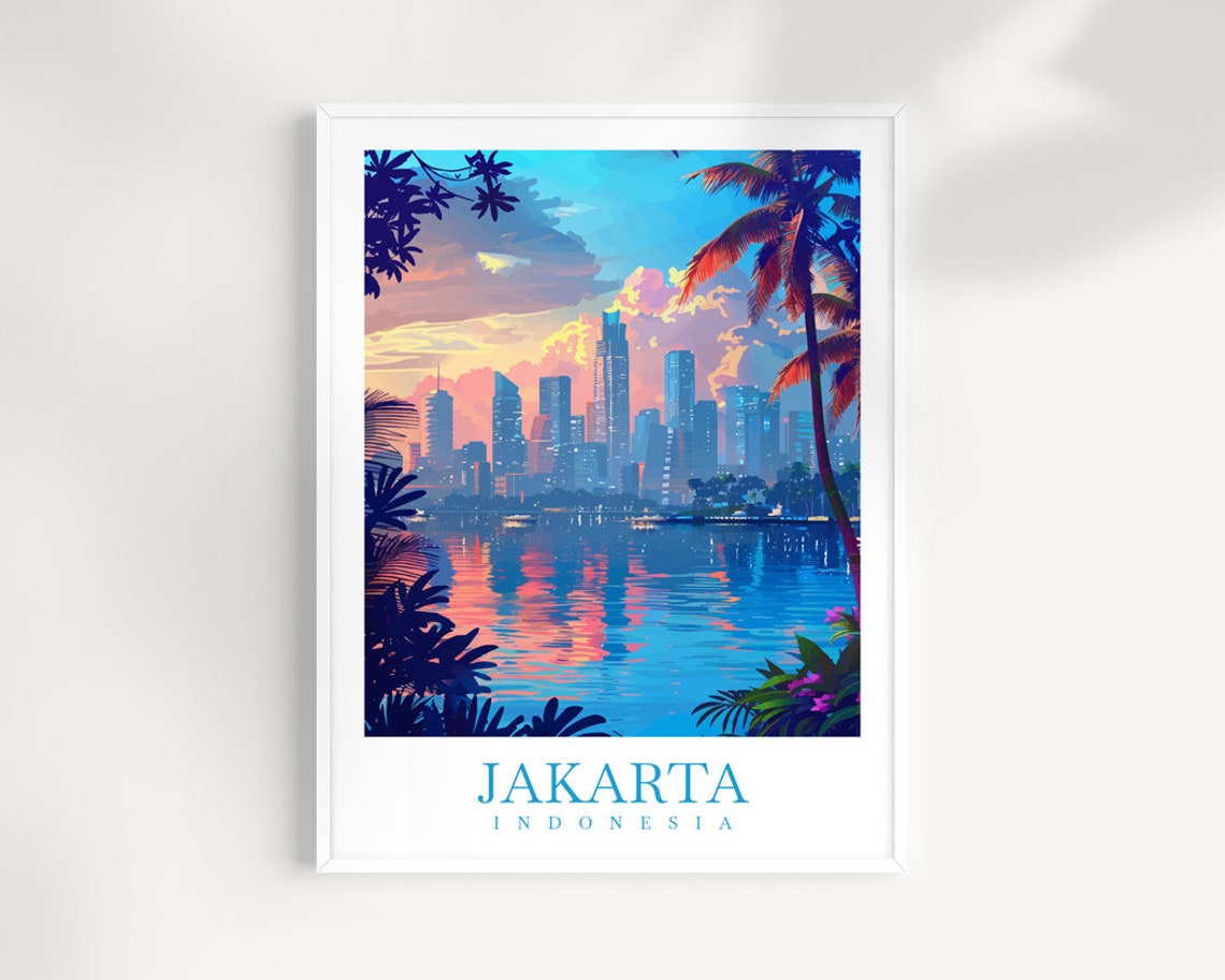 Jakarta Indonesia Skyline Sunset Water Reflection Tropical City Poster