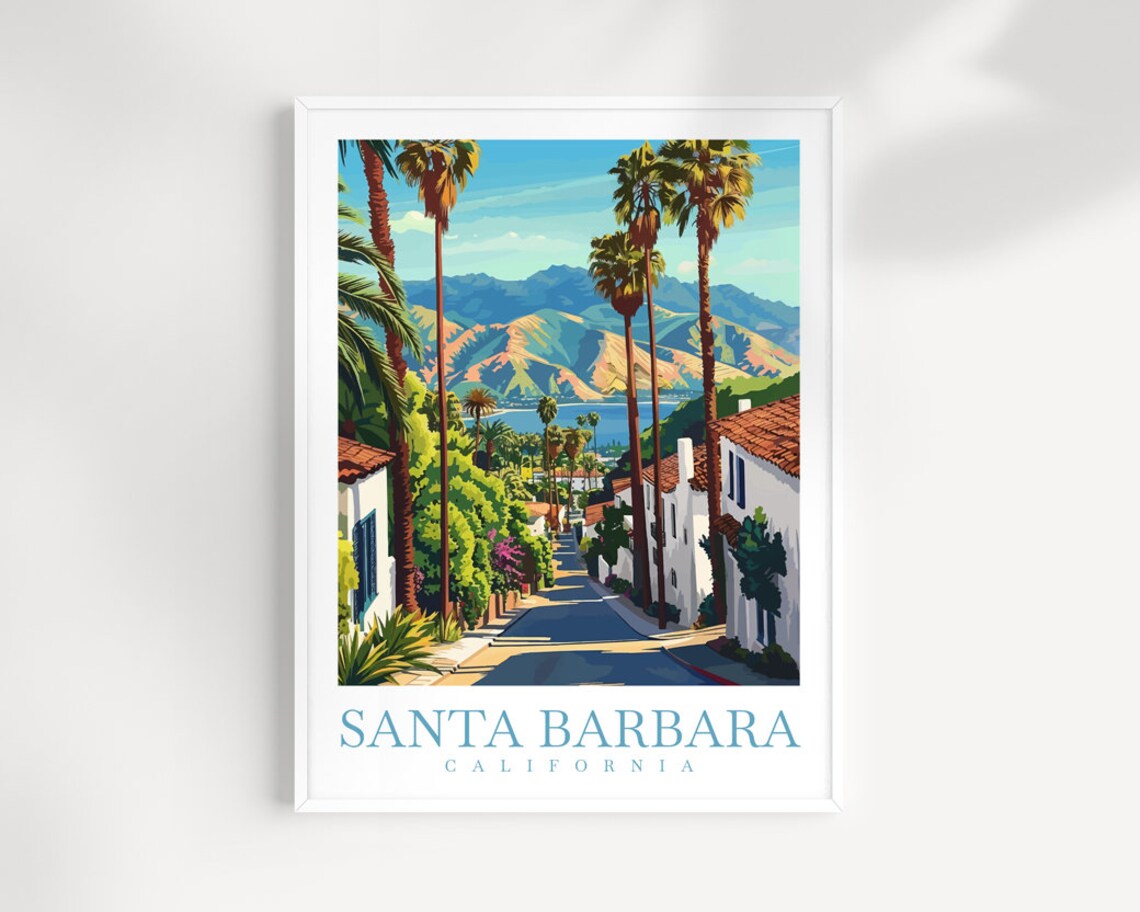 Santa Barbara California Palm Street Ocean Mountain Travel Poster