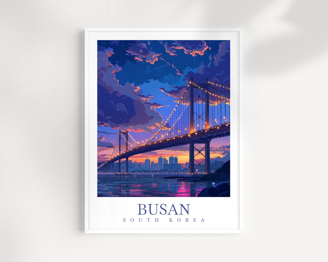 Busan Gwangan Bridge Sunset Skyline South Korea Travel Poster