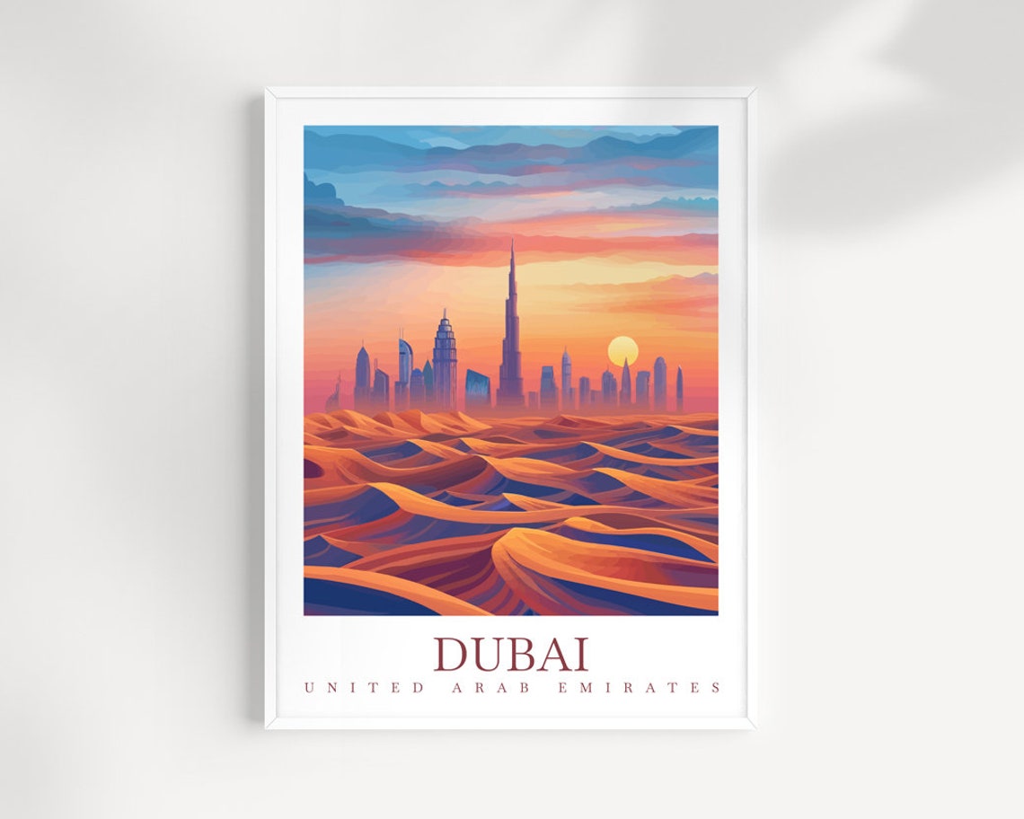 Dubai United Arab Emirates Desert Dunes Skyline Sunset Travel Poster