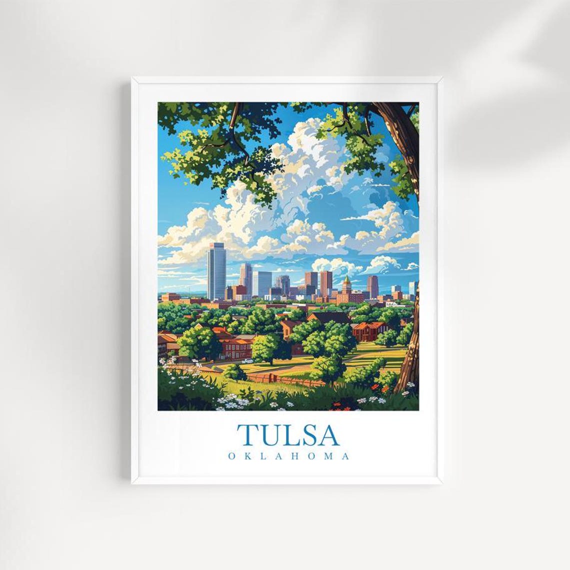 Tulsa Oklahoma Downtown Skyline Over Green Park Flowers Poster