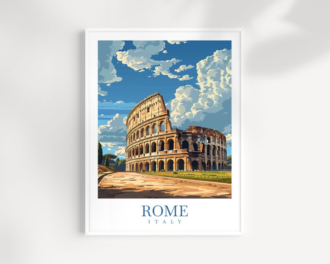 Rome Italy Iconic Colosseum Ancient Arena Blue Sky View Poster