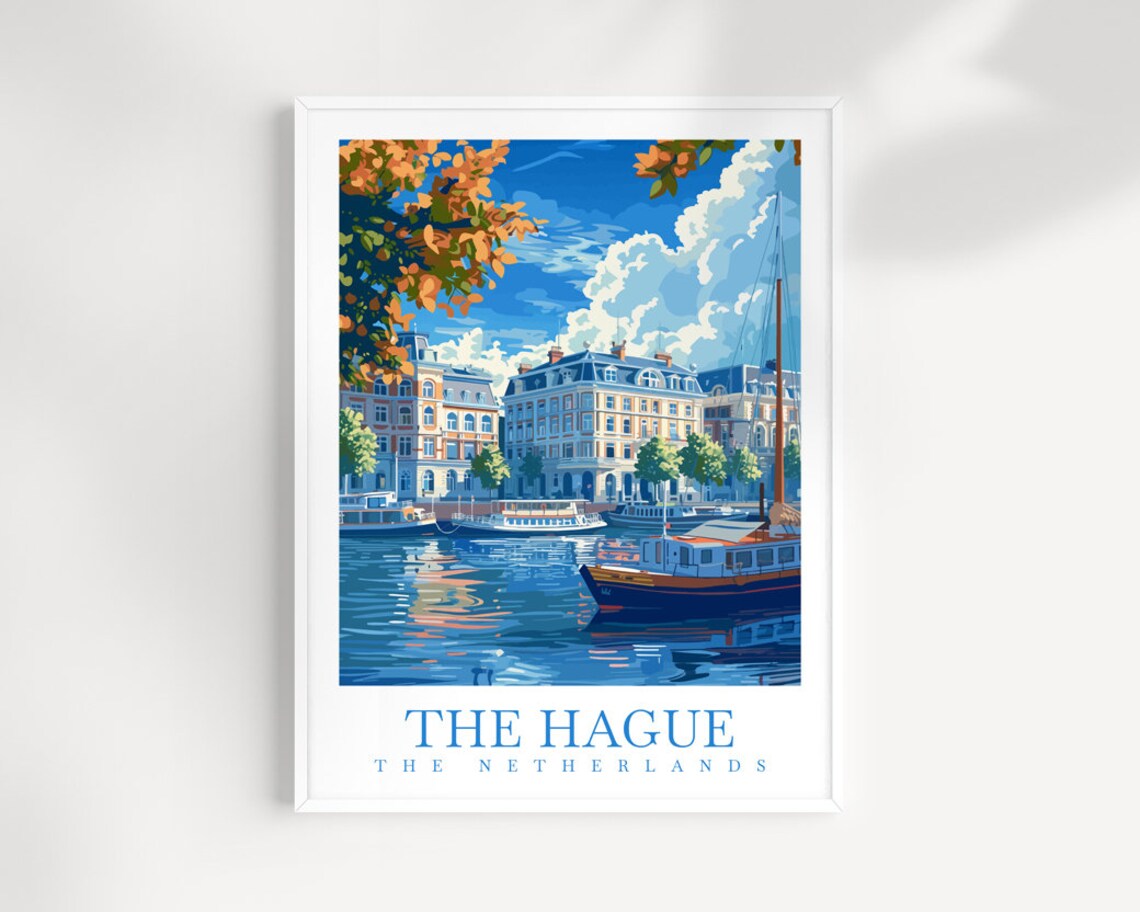 The Hague Netherlands Harbor Poster Sunny Canal Boats City View Art