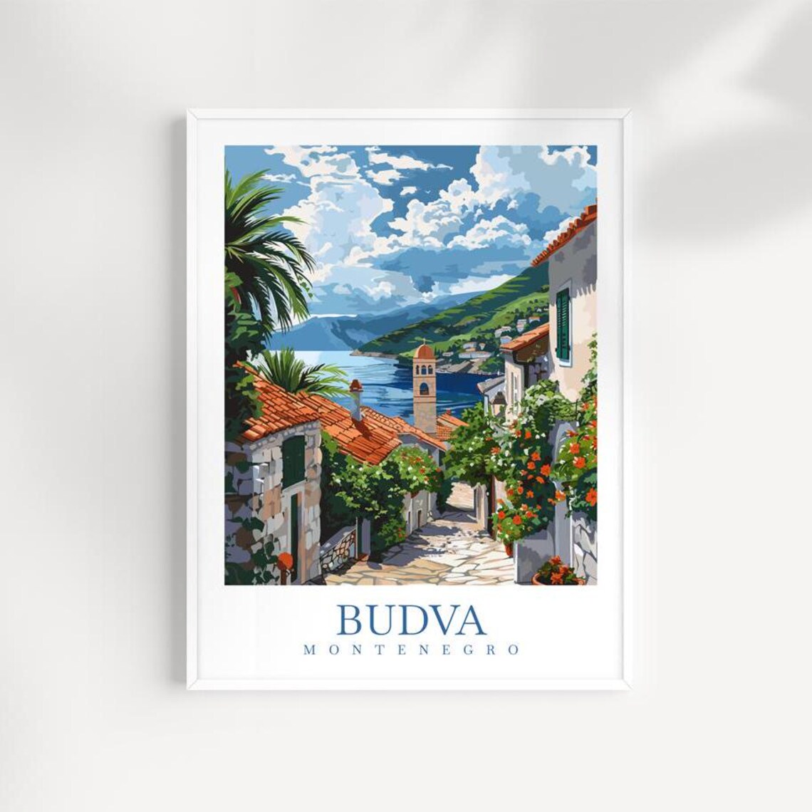 Budva Montenegro Stone Alley Church Tower Bay View Old Town Art Poster