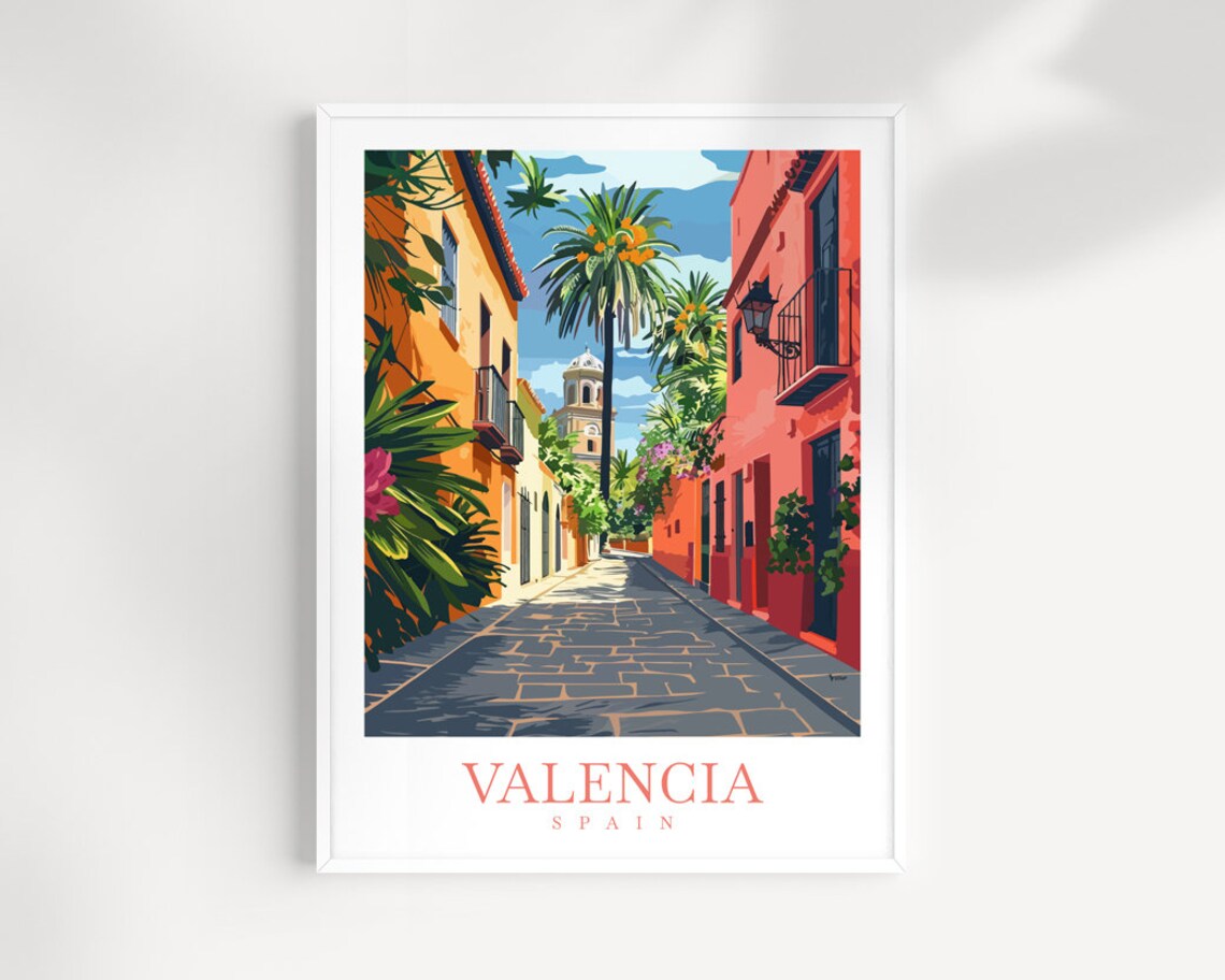 Valencia Spain Colorful Old Town Alley Palm Tree Retro Poster