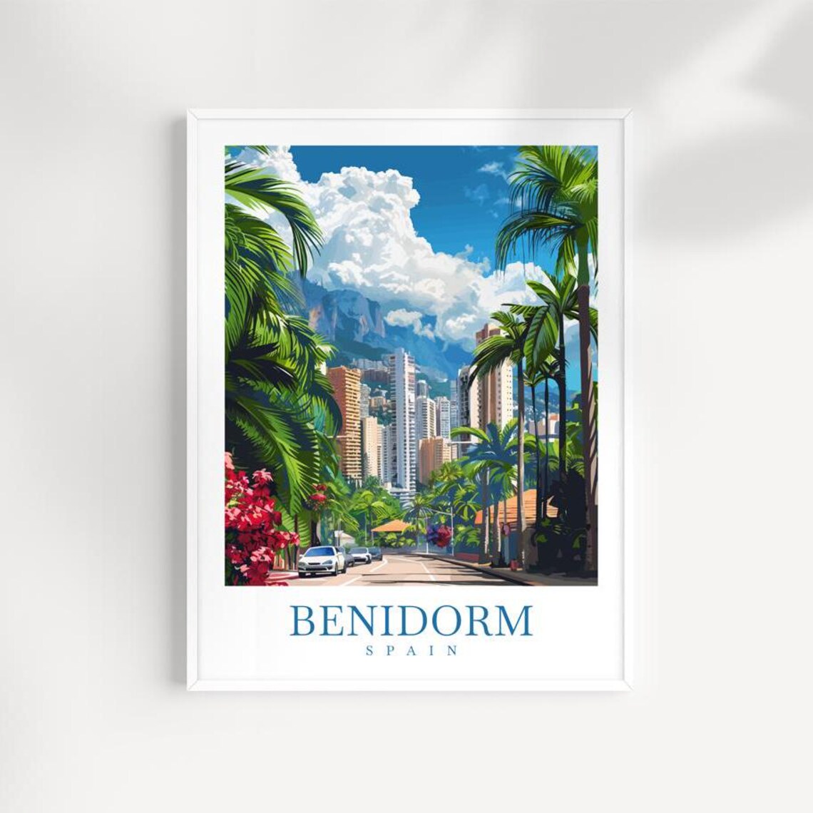 Benidorm Spain Palm Avenue Resort Towers Sunny Skyline Travel Poster
