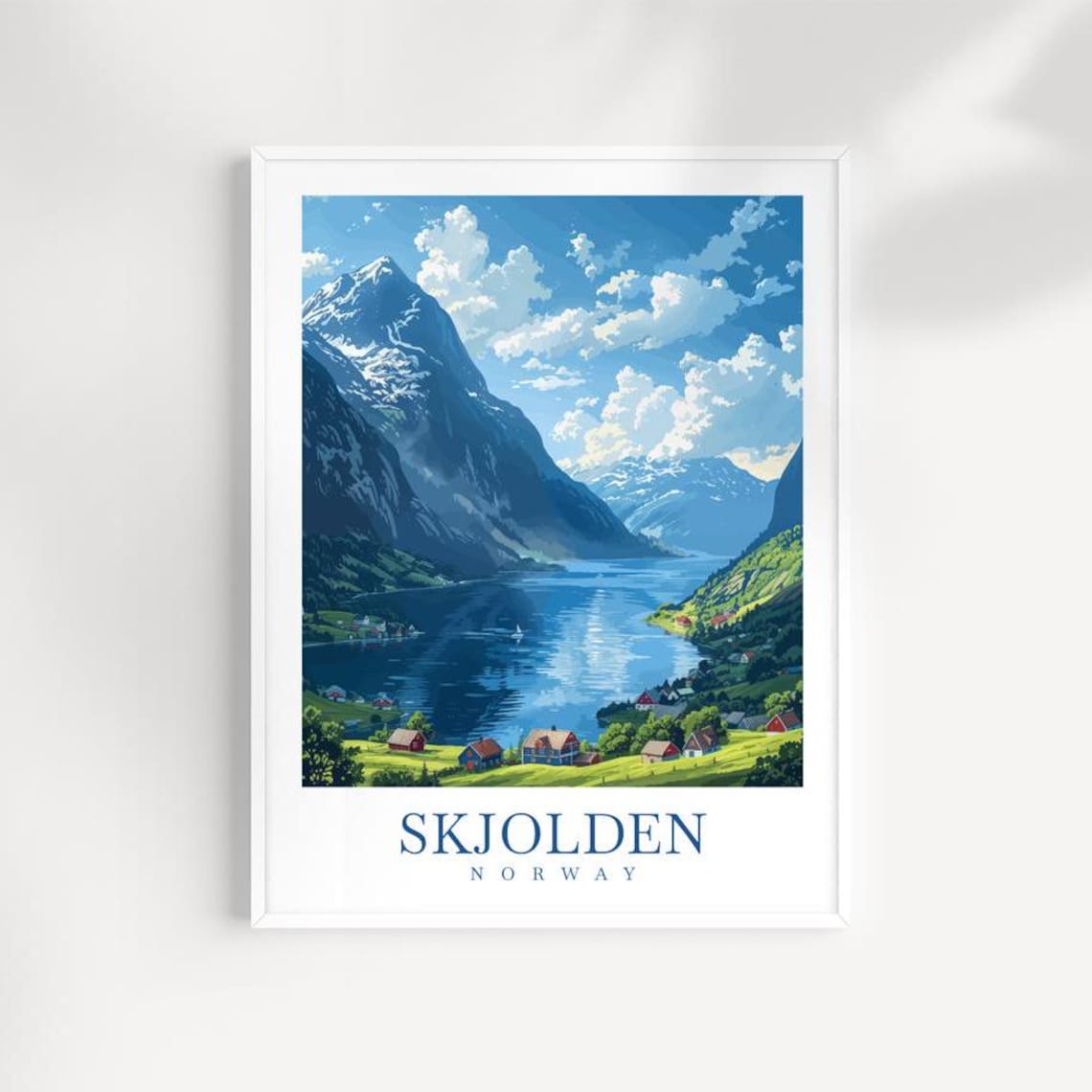 Skjolden Norway Fjord Snowy Mountains Village Travel Art Poster