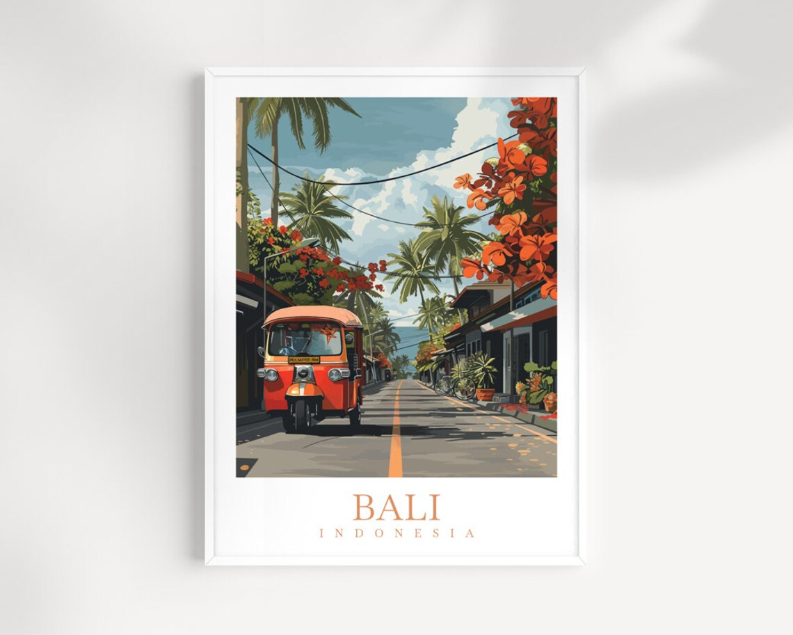 Bali Indonesia Tuk Tuk Street Palms Flowers Island Travel Poster