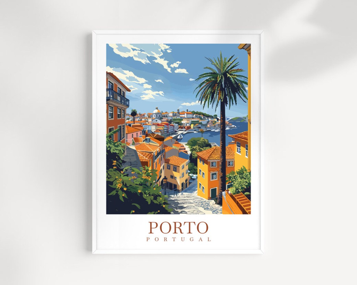 Porto Portugal Riverside Old Town Hillside Vintage Travel Poster