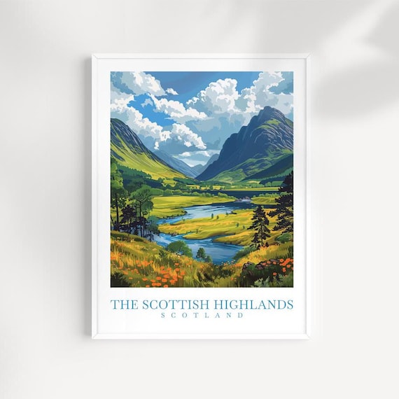 Scottish Highlands Green Valley With River And Wildflowers Poster