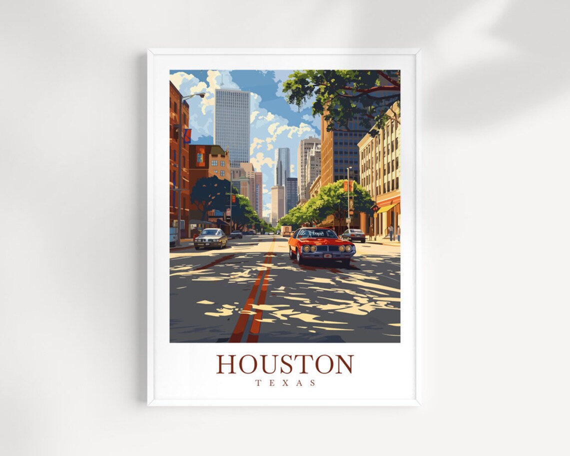 Houston Texas Vintage Downtown Street Classic Car Travel Poster