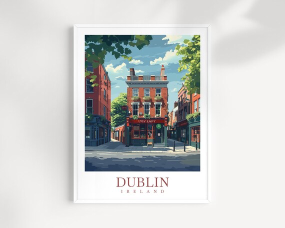 Dublin Ireland Brick Pub Street Corner City Scene Travel Poster