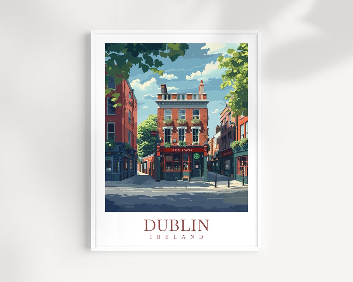 Dublin Ireland Brick Pub Street Corner City Scene Travel Poster