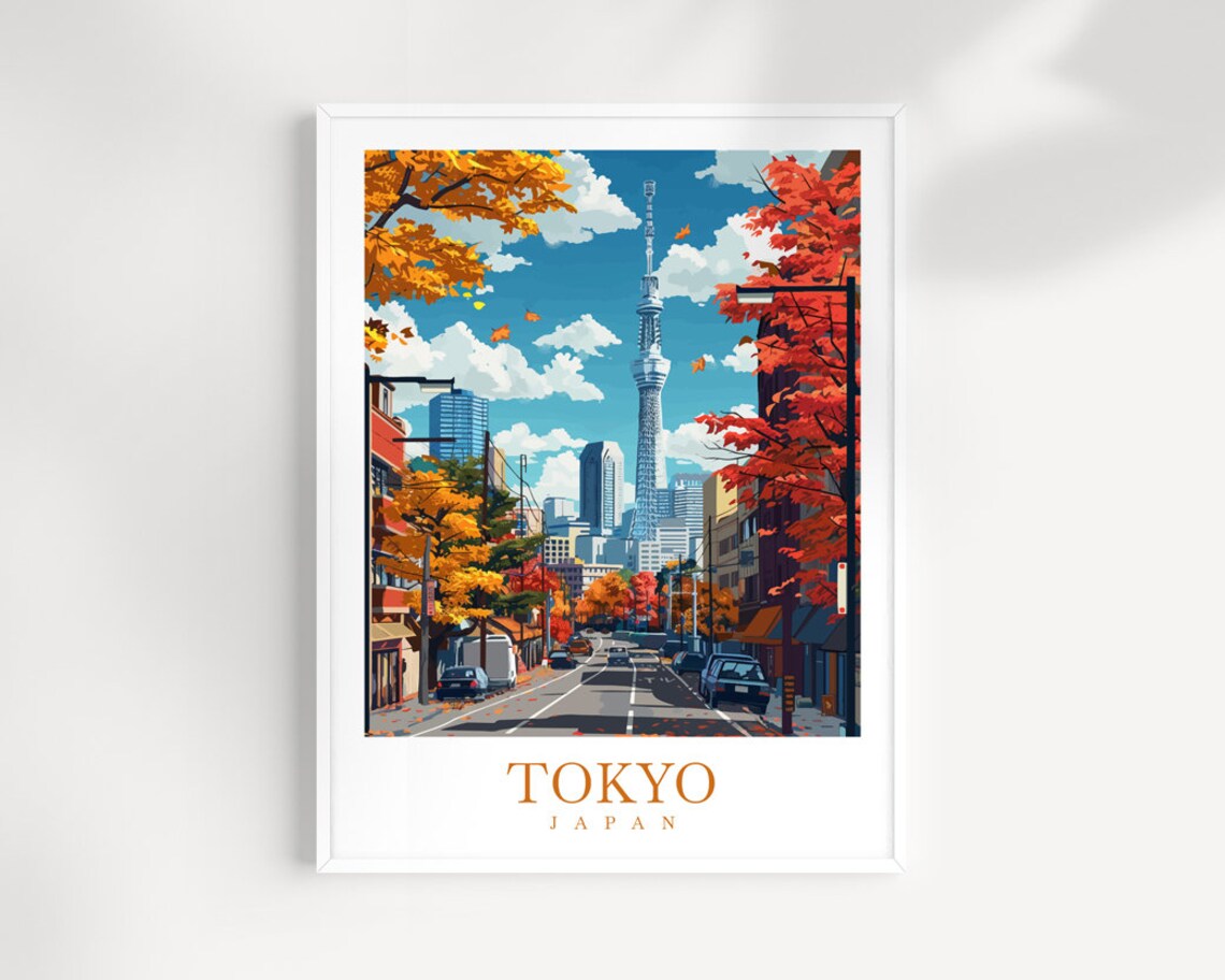 Tokyo Japan Skytree Autumn Maple Street Blue Sky Travel Poster